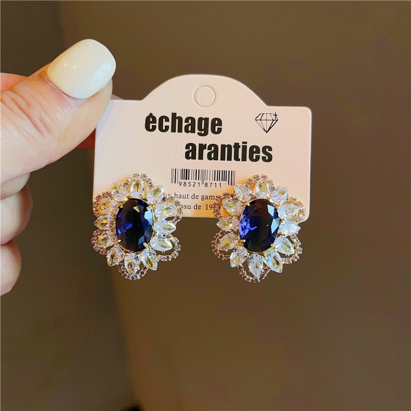 Bạc 925 Kim Xanh Zircon Bông Tai Hoa Hình Học Đơn Giản Sang Trọng Nhẹ Bông Tai Sang Trọng
