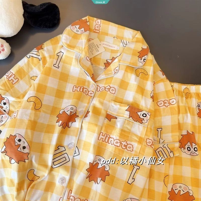 Bóng chuyền Thiếu Niên Checkered Hyuuga Shoyo Bộ Đồ Ngủ Nữ Mùa Hè Mới Tay Ngắn Rời Homewear Phù Hợp Với