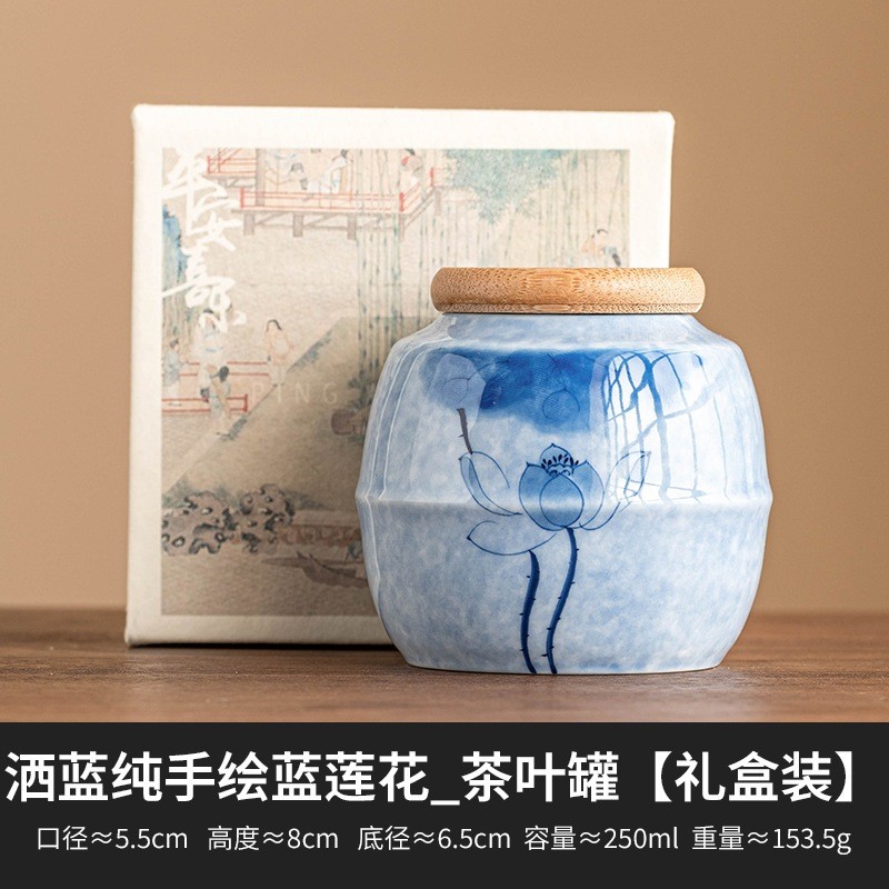 Hũ Bình Đựng Trà Bằng Sứ Nắp Tre Họa Tiết Hoa Sen