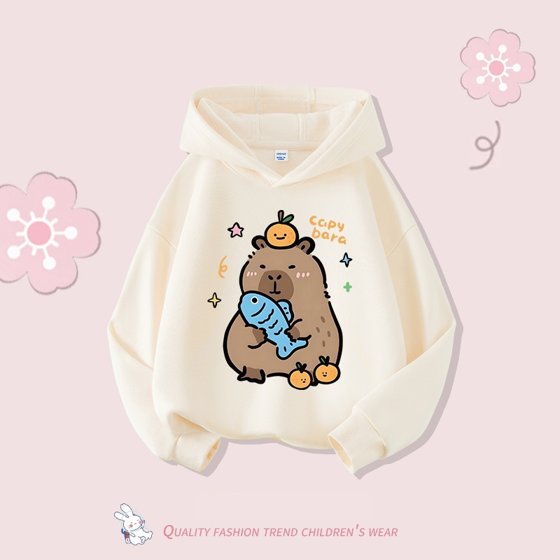 Áo khoác có mũ trùm đầu cho bé gái phong cách Hàn Quốc mới 2024 áo tay dài in hình capybara thời trang và đơn giản