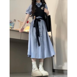 Bộ đồ / một mảnh nữ sinh viên tay phồng sọc cổ POLO cổ áo sơ mi ngắn tay + Áo Vest phong cách Preppy 8.26