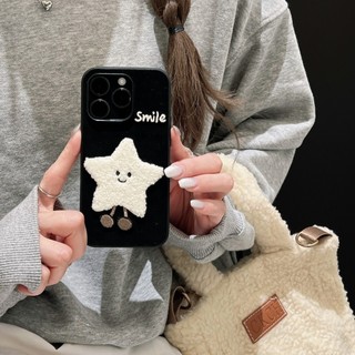 Hoạt Hình Dễ Thương Sang Trọng Ngôi Sao Mặt Trăng Đen Flannel Ốp Lưng Điện Thoại iPhone 16 15 14 13 Pro Max Nữ Tính Mùa Đông