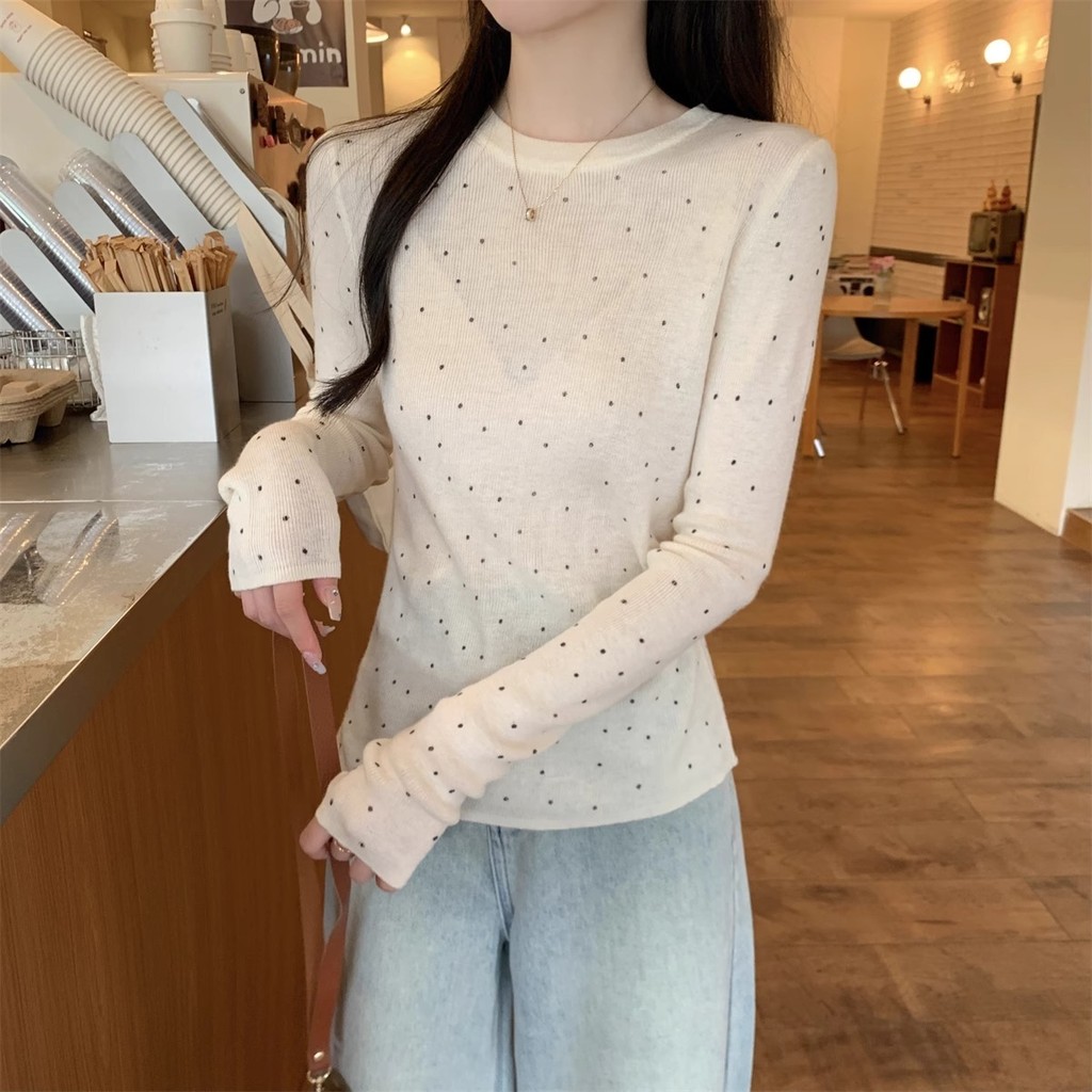 Áo mặc trong cổ tròn chấm bi cổ điển Milyfashion áo dài tay vai hot girl tôn dáng mặc trong thu đông cho nữ