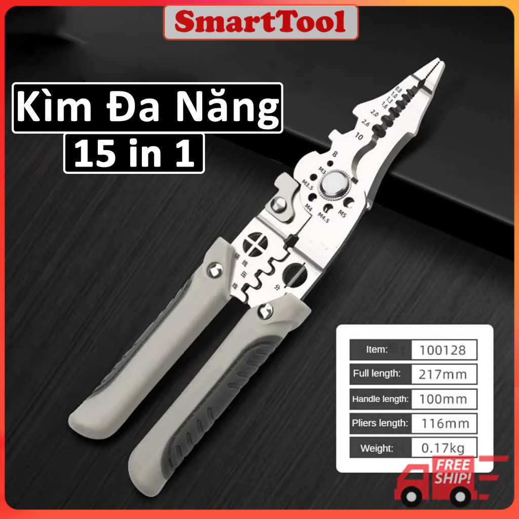 Kìm cắt đa năng 15 trong 1 chuyên cắt tuốt uốn dây điện kèm ép cos bấm cos tuốt dây điện