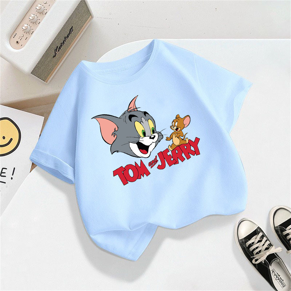 2024 Ngắn Tay Trắng T-Shirt Với Tom Và Jerry In Vui Vẻ Phim Hoạt Hình Cho Bé Trai Và Bé Gái