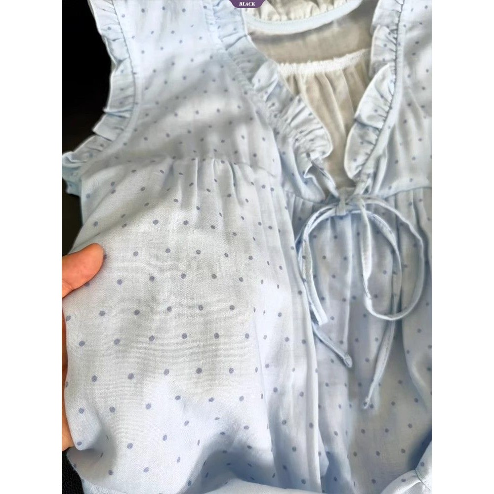 Đồ ngủ nữ bộ vest và quần short bằng gỗ ren chấm bi không tay mới mùa hè
