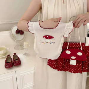 Mùa Hè Phong Cách Mới Bé Gái Ngọt Ngào Phù Hợp Với Bé Gái Nấm Áo Vest Chấm Bi Bud Quần Short Bộ Đồ Hai Mảnh