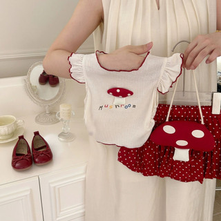 Mùa Hè Phong Cách Mới Bé Gái Ngọt Ngào Phù Hợp Với Bé Gái Nấm Áo Vest Chấm Bi Bud Quần Short Bộ Đồ Hai Mảnh