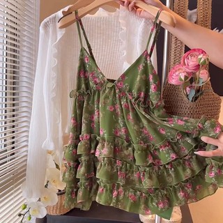 Camisole cổ chữ V xanh rời họa tiết bánh xù ngọt ngào, phong cách ngày lễ cho áo vest nữ mùa hè ôm body siêu đẹp