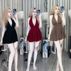 Đầm xoè cổ yếm kèm quần, thun La Dong trơn mịn, freesize <55kg, mẫu đầm nữ đen đỏ kem