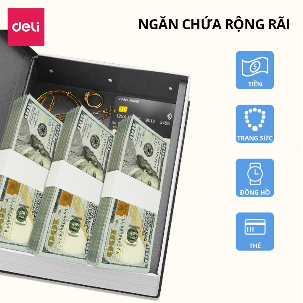 Hộp Đựng Tiền Dạng Hình Quyển Sách Deli, Két Sắt Mini 2 Kích Thước Nhỏ Gọn Dễ Dàng Decor, Trang Trí