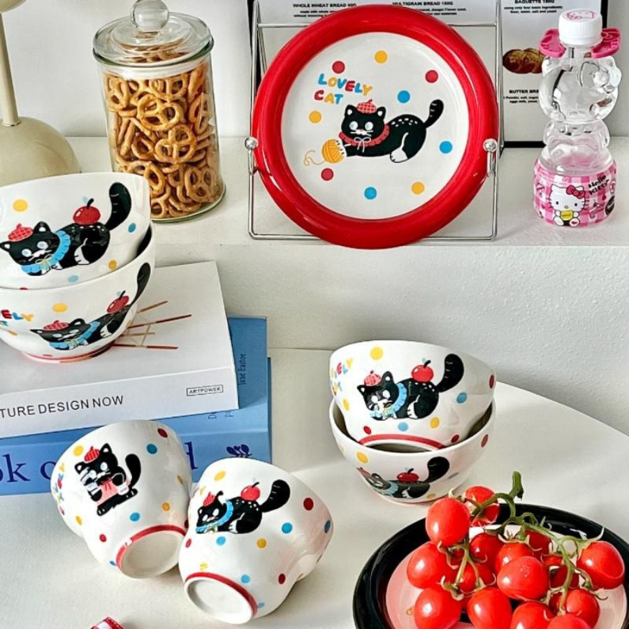 Bát Đĩa Sứ Cao Cấp Hình Mèo Đen Cute, Bát Cơm, Đĩa, Tô Đa Dạng Kích Thước SET019