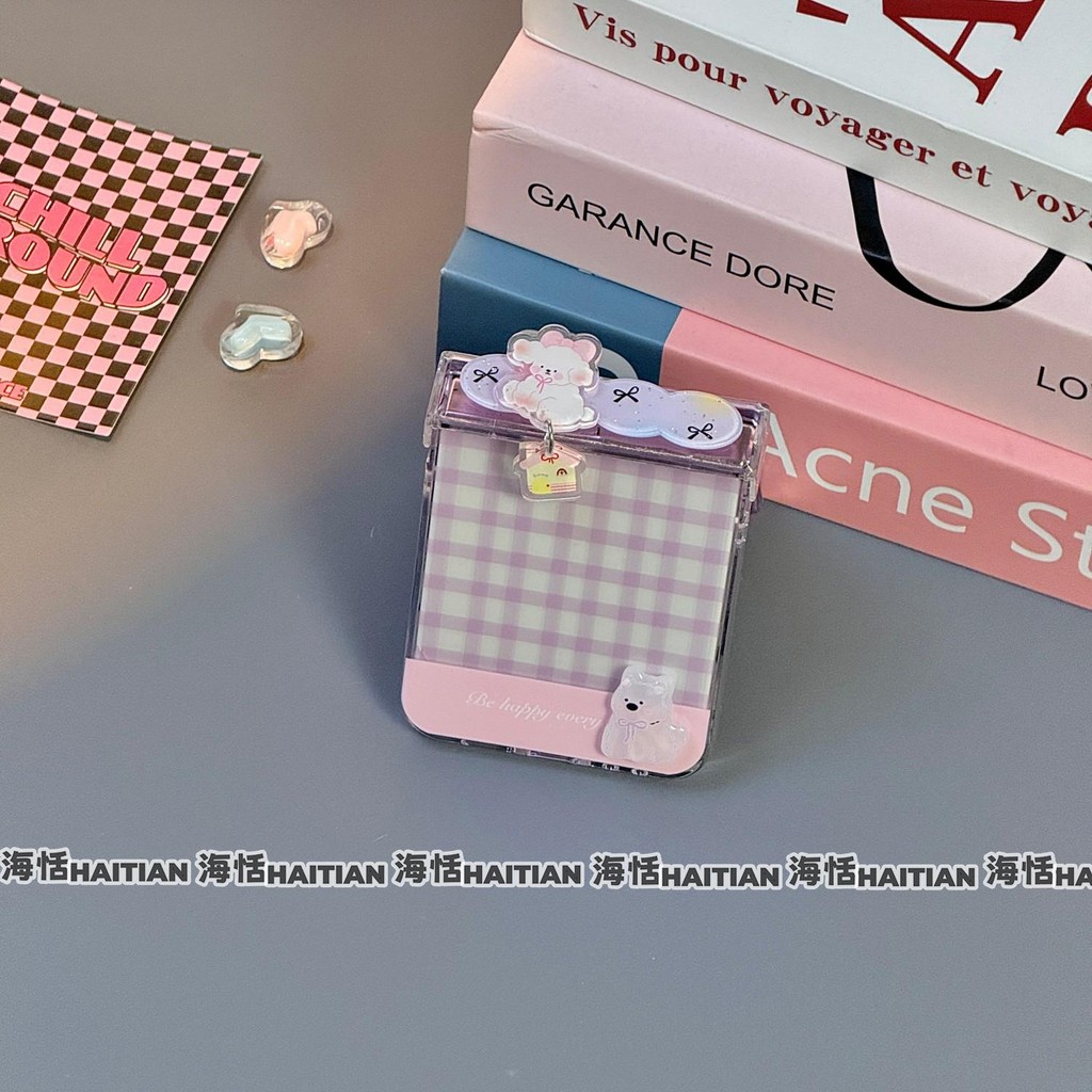 Phim Hoạt Hình Mới Màu Tím Checker Puppy Dây Buộc Ốp Lưng Điện Thoại Thích Hợp Cho Samsung Galaxy ZFlip7 Gấp Vỏ Vòng Tay Cho ZFlip 5 6 4 5G N3Flip MixFlip Túi Bản Lề Bảo Vệ