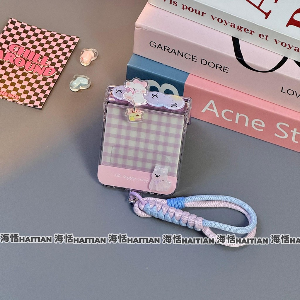 Phim Hoạt Hình Mới Màu Tím Checker Puppy Dây Buộc Ốp Lưng Điện Thoại Thích Hợp Cho Samsung Galaxy ZFlip7 Gấp Vỏ Vòng Tay Cho ZFlip 5 6 4 5G N3Flip MixFlip Túi Bản Lề Bảo Vệ