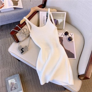Pure Desire Style Hot Girl Sling Dress - Váy ngắn dệt kim trắng sang trọng, phù hợp đi biển