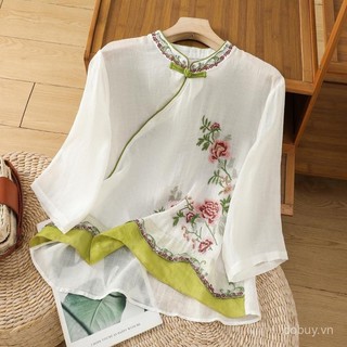 Áo sơ mi thêu vải lanh cotton mùa hè, phong cách Trung Quốc, thiết kế sườn xám với nút ếch