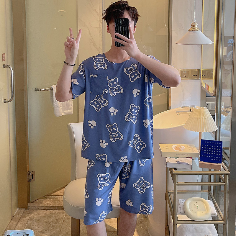 Bộ Đồ Ngủ Nam Ngắn Tay Mùa Hè, Vải Cotton Lụa Nhân Tạo, Phong Cách Loungewear Nhật Bản, Nhiều Kích Cỡ