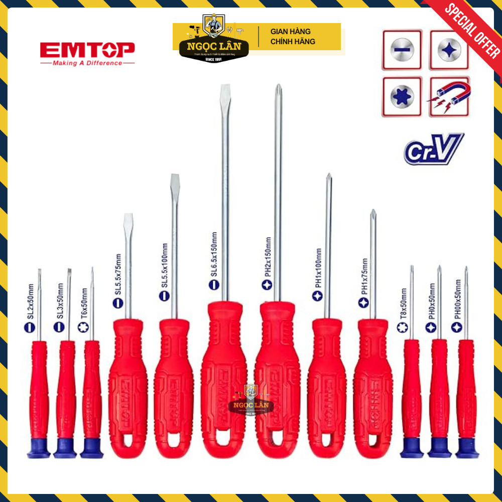 [Chính hãng] Bộ tua vít 12 tua vít EMTOP tua vít chính xác thép CRV có từ tính cao cấp