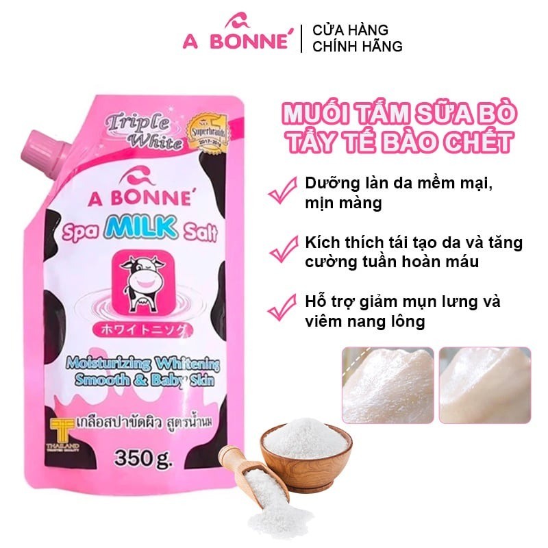 Muối Tắm Sữa Bò A Bonne bịch lớn 350g, Cam kết nội địa thái 100% tẩy sạch da chết zá hạt dẻ...