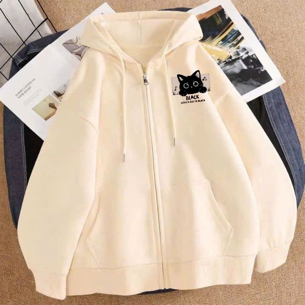 Áo Khoác Nỉ Mũ 2 Lớp Form Rộng Unisex Đẹp - mùa đông mèo ngực bờ lách