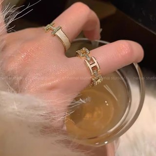 Nhẫn chữ H nhiều màu sắc, điều chỉnh size dành cho nữ, thiết kế mở với kim cương nhân tạo, phong cách Pháp