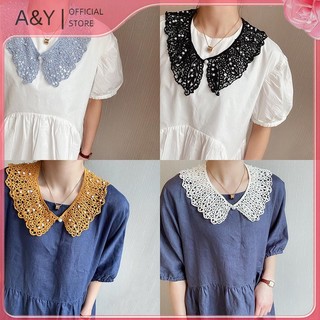 A & Y Áo sơ mi nữ phong cách ngọt ngào, có thể tháo rời ren hoa xù viền cổ