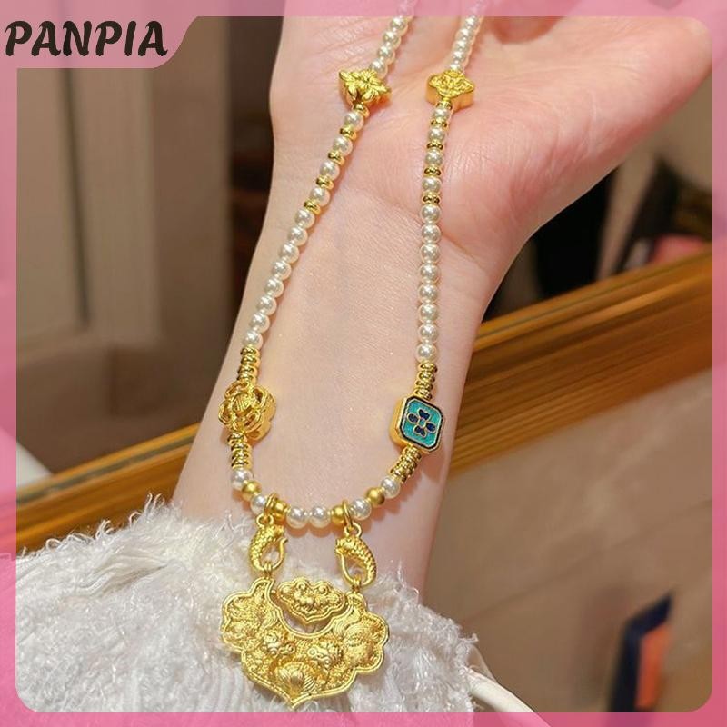 PANPIA-Ethnic Phong Cách Rỗng Khắc Túi May Mắn Mặt Dây Chuyền Xanh Giả Ngọc Handmade Đính Hạt Vòng Cổ Dài
