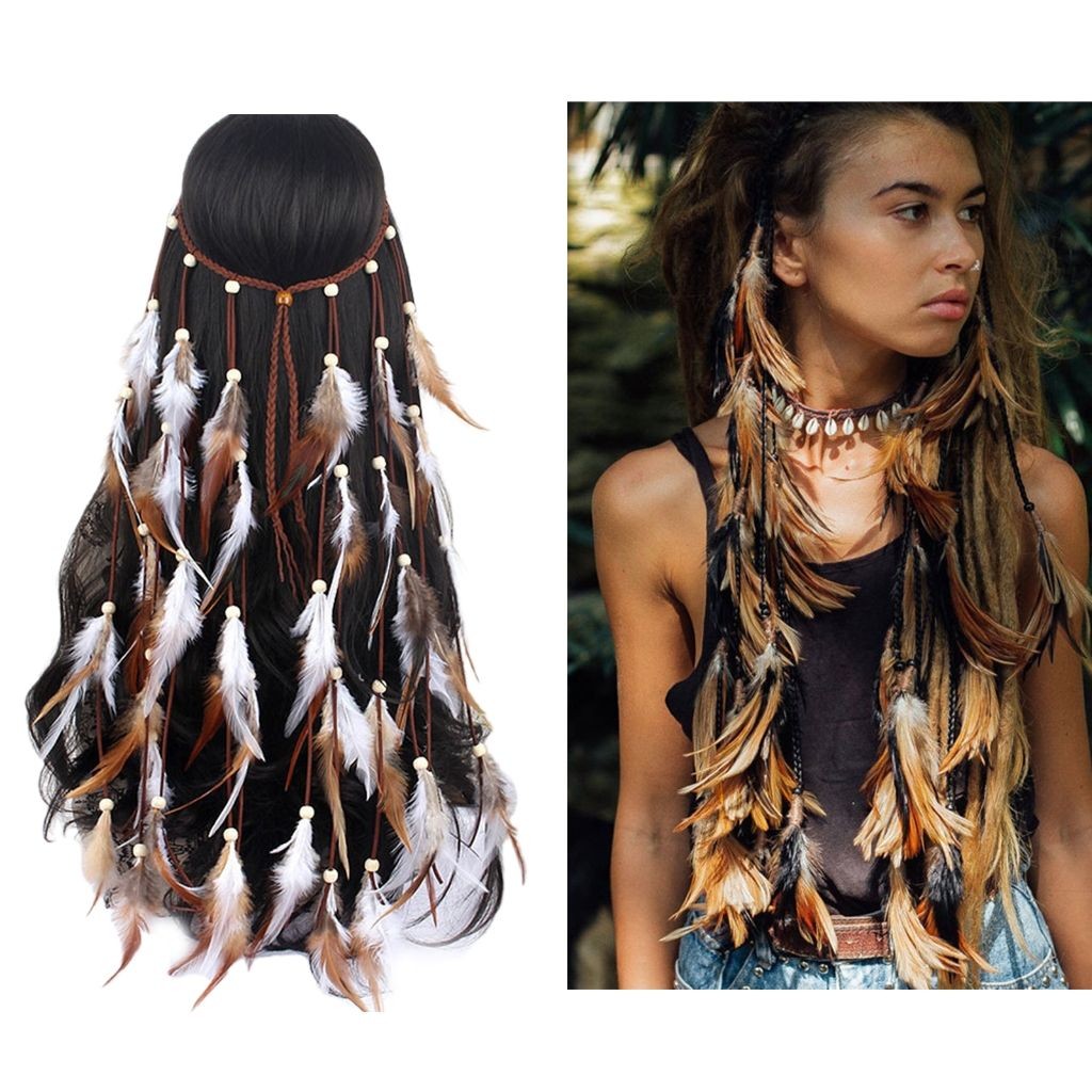 Băng đô tua rua lông vũ Boho, dây chuyền, phụ kiện tóc đa năng cho tiệc, đi biển, kỳ nghỉ