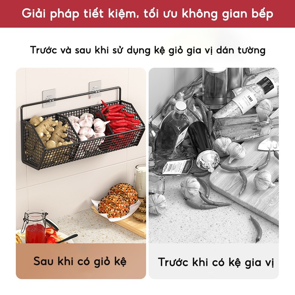 Kệ Đựng Gia Vị Hành Tỏi Dán Tường Giá Đựng Đồ Nhà Bếp Có Ngăn Gắn Tường Chịu Tải 10Kg