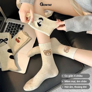 Set 5 đôi tất cao cổ nữ họa tiết gấu nơ cute GOMTAT, vớ chân chất cotton phong cách Hàn Quốc hot trend – JIN-2517-CB5