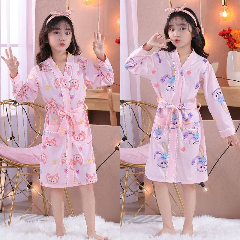 Trẻ Em Váy Ngủ Xuân Thu Hè Dài Tay Bé Gái Mỏng Áo Tắm Cotton Nguyên Chất Bộ Đồ Ngủ Trẻ Em Áo Bơi Hot Spring Hotel