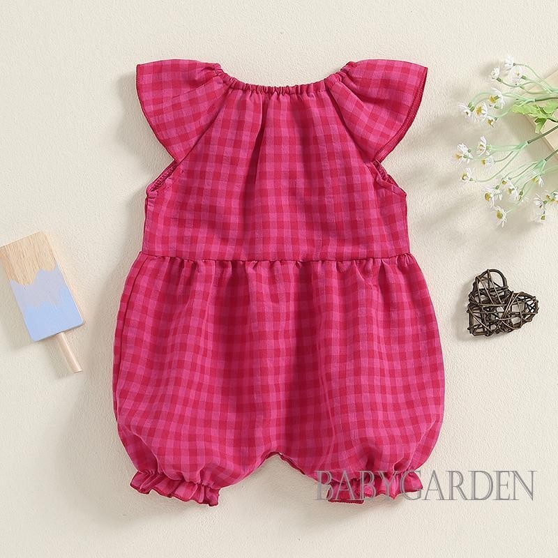 Baga-baby Bé Gái Áo Liền Quần Kẻ Sọc Nút Bay Tay Co Giãn Cổ Tròn Jumpsuit Quần Áo Thường Ngày Mùa Hè