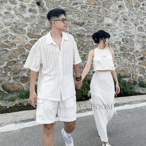 Set Đồ Đôi Couple Nam Nữ Trắng Sơ Mi + Áo Sát Nách + Chân Váy Dài