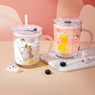 Cốc Chia Vạch Thuỷ Tinh Cốc Pha Sữa Cho Bé Có Ống Hút Silicon Dùng Cho Bé Tập Uống 400ml SUNND