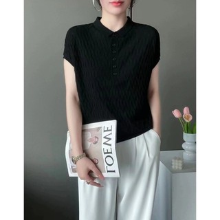 Áo len chui đầu kim cương có ve áo cao cấp 2024 Mùa hè Phong cách mới Slimer Look Loose Top