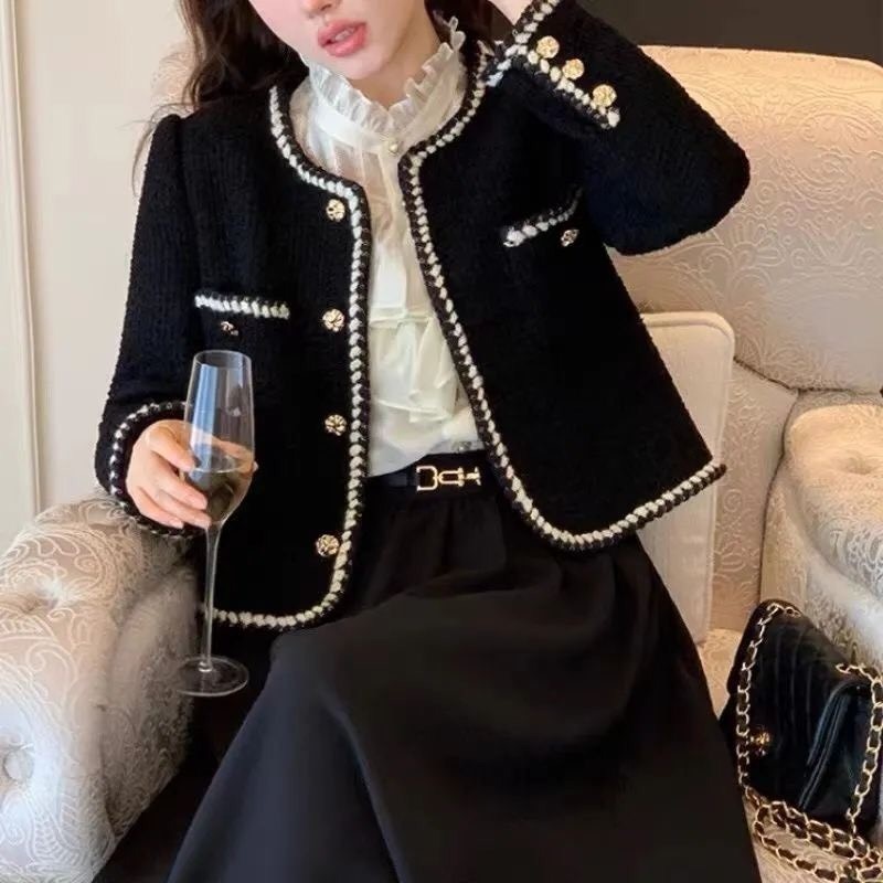 Áo khoác dạ tweed nữ dáng croptop thiết kế phối viền thừng trắng có túi phong cách Hàn Quốc SP22