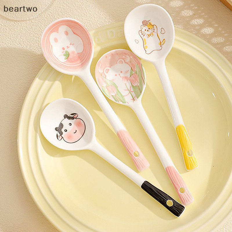 < Beartwo > Thìa Canh Gốm Thìa Ngũ Cốc Bộ Đồ Ăn Gia Đình Dễ Thương Sơn Thìa Cà Phê Mứt Thìa Quà Tặng Món Tráng Miệng Muỗng Đồ Dùng Nhà Bếp Đẹp