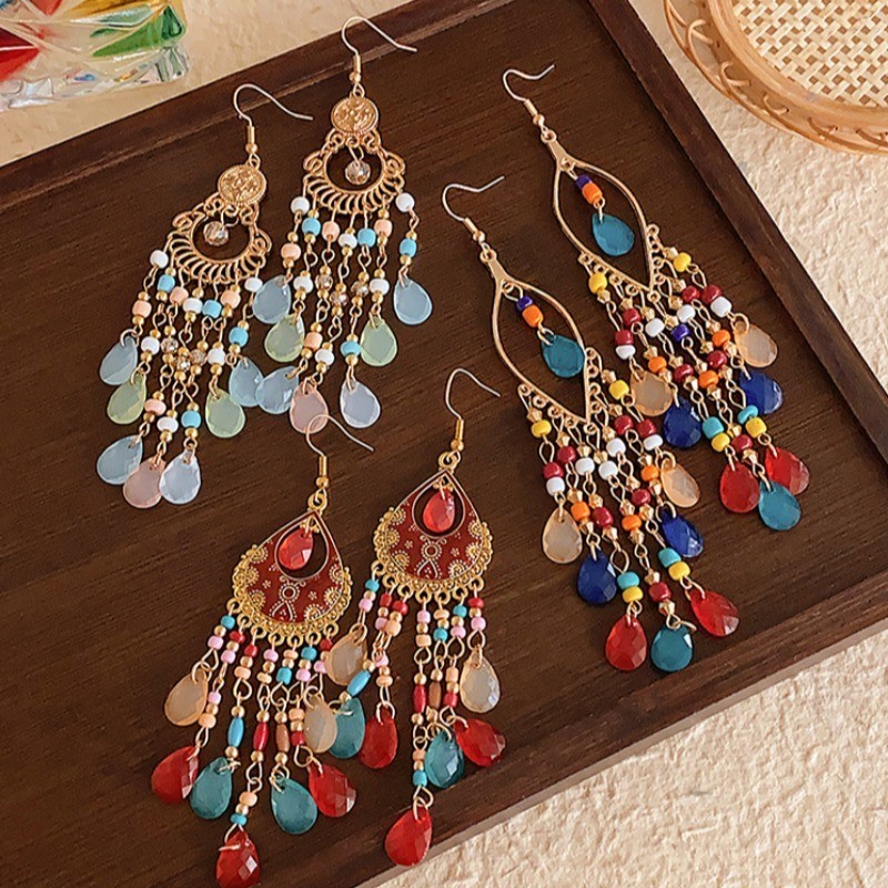 Bông tai bohemian dân tộc tua rua, thiết kế cao cấp và đơn giản