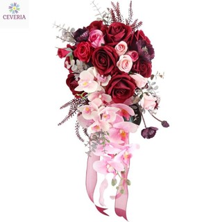 Bó hoa cưới cầm tay cô dâu nhân tạo CEVERIA hoa lan và hồng nhung L009