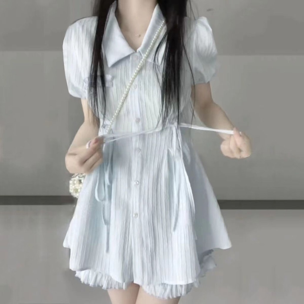 Bộ đồ nữ Thiết kế việt quất Xanh mới ngọt ngào Áo sơ mi ngắn tay + quần Short Bộ đồ hai mảnh eo cao
