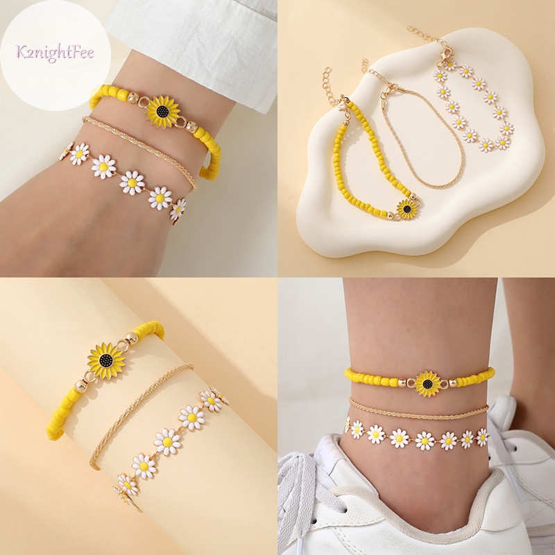 K2nightfee 3 Chiếc Dễ Thương Hoa Cúc Mặt Dây Chuyền Vòng Chân Bộ Dành Cho Nữ Bohemian Đính Hạt Hướng Dương Xếp Chồng Dây Tay Phụ Kiện Trang Sức VN