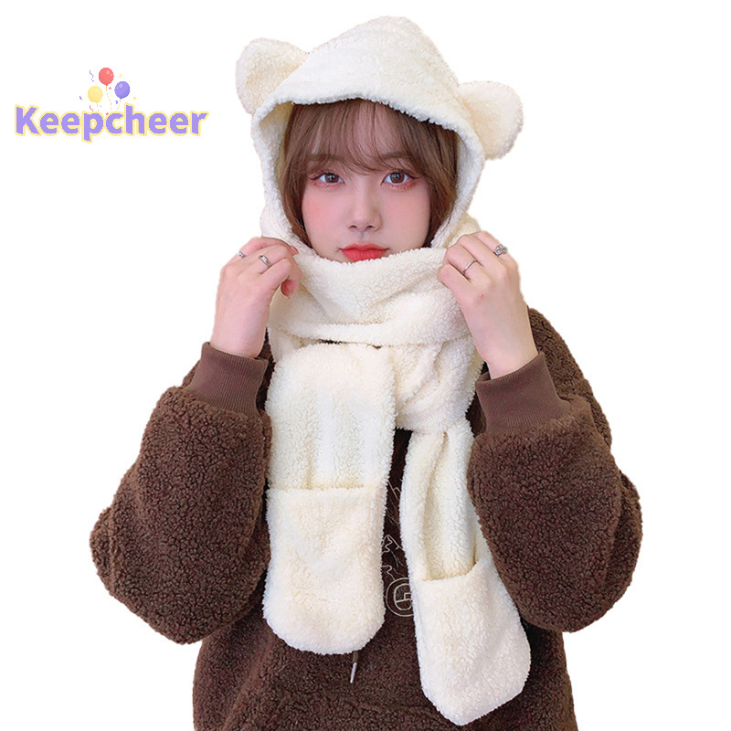 [Keepcheer] 1 Khăn quàng cổ hình gấu dễ thương Găng tay bảo vệ ấm áp mùa đông 3 trong 1 Khăn quàng cổ nữ chống gió sang trọng [Mới]