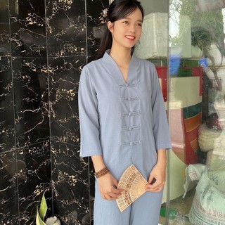 Set đồ bộ nữ lam đi chùa cổ bà lai nút thắt vải đũi