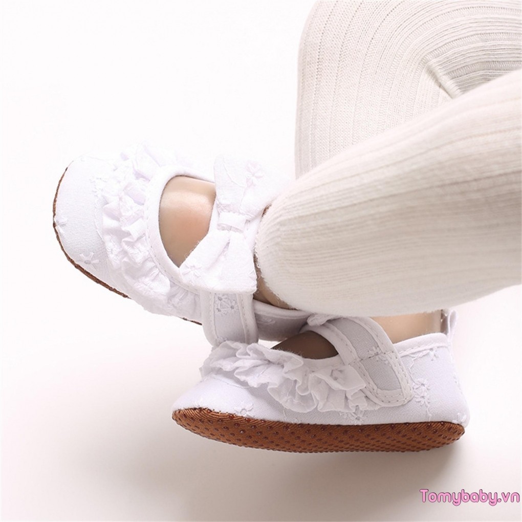 Trẻ Sơ Sinh Bé Gái Đế Bằng Ren Dễ Thương Nơ Đế Mềm Prewalker Chống Trơn Trượt Đầu Tiên Giày Tập Đi