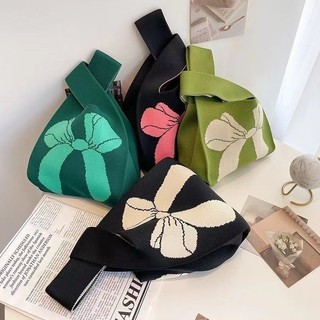 Túi đeo tay thắt nút Mini dành cho nữ Handmade Túi xách dệt kim thông thường Túi Tote kẻ sọc màu Túi Tote sinh viên Túi mua sắm tái sử dụng