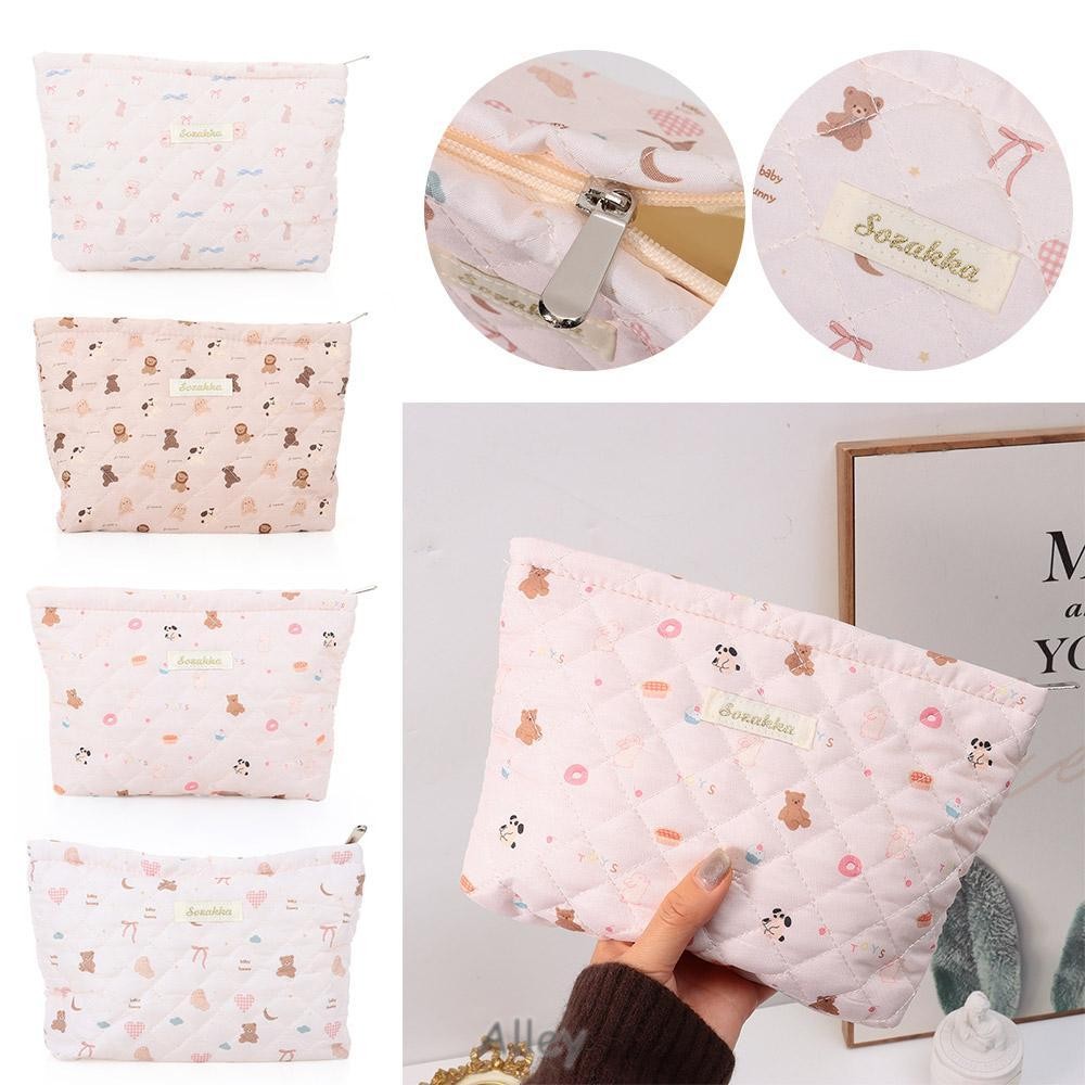 Alley Trang điểm, Vải hai lớp Mềm mại và thoáng khí Túi đựng mỹ phẩm nữ màu hồng dễ thương, Túi đựng đồ du lịch bằng vải Cotton có khóa kéo thực tế