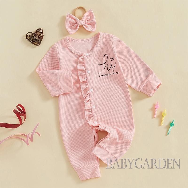 / / -Bộ Áo liền quần xếp nếp mùa thu in chữ dài tay cổ tròn Full Length Jumpsuit có nơ Headband