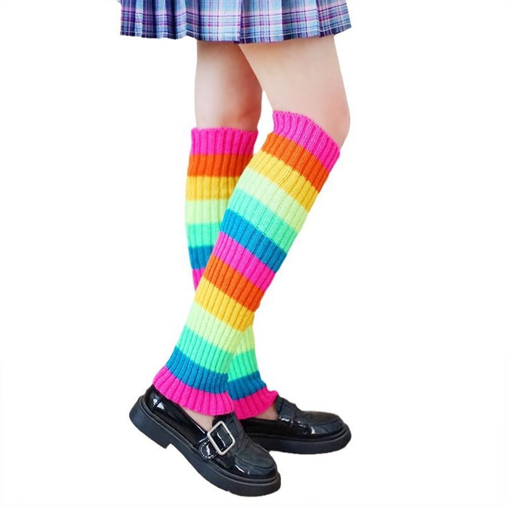 Vỏ chân Lolita CHEESELY, Giày tập Yoga thể thao Harajuku Party Yoga Neon Ribbed Leg Warmers, Rainbow Y2K Trang phục Halloween Tất bốt Nhật Bản dành cho nữ và bé gái