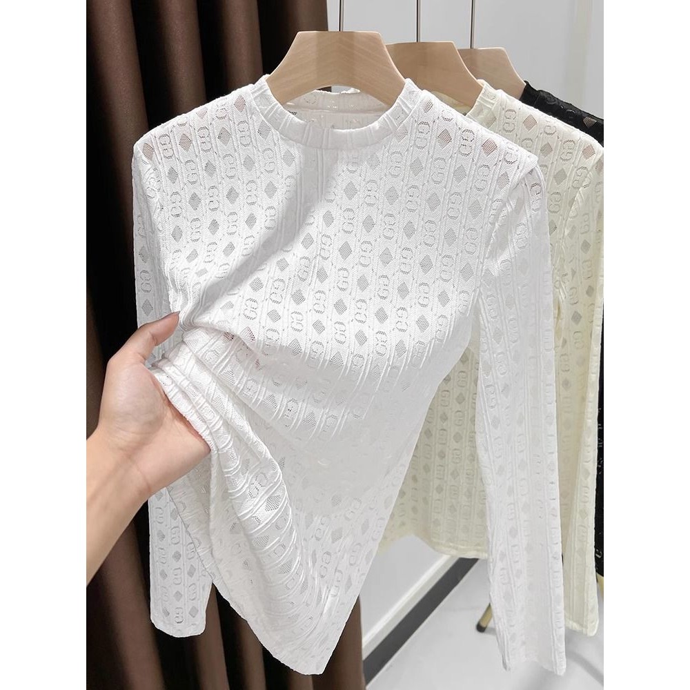 Milyfashion Phong Cách Mới Rỗng Ren Đáy Nhỏ Cổ Tròn Gạc Dài Tay