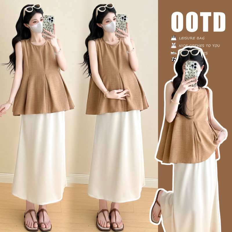 Bộ đồ bà bầu Áo Vest thêu thời trang mùa hè + Váy đuôi cá nâng bụng Bộ đồ hai mảnh